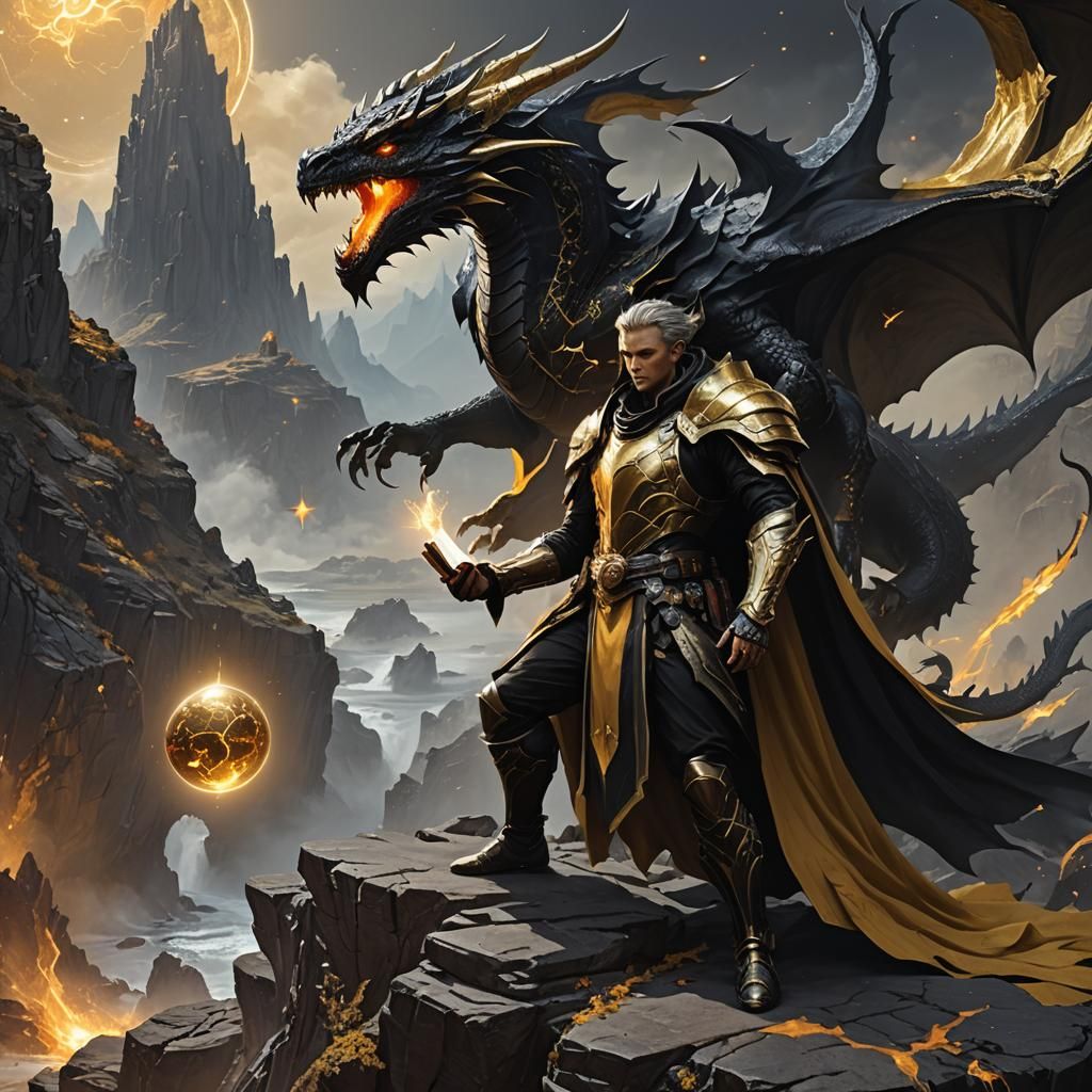Black Star Dragon and Mage in Fantasy Realism