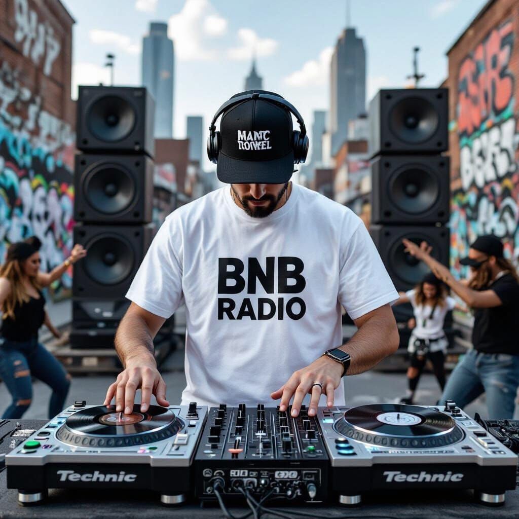 Hyper Realistic DJ at BNB Radio with Dystopian City Backdrop