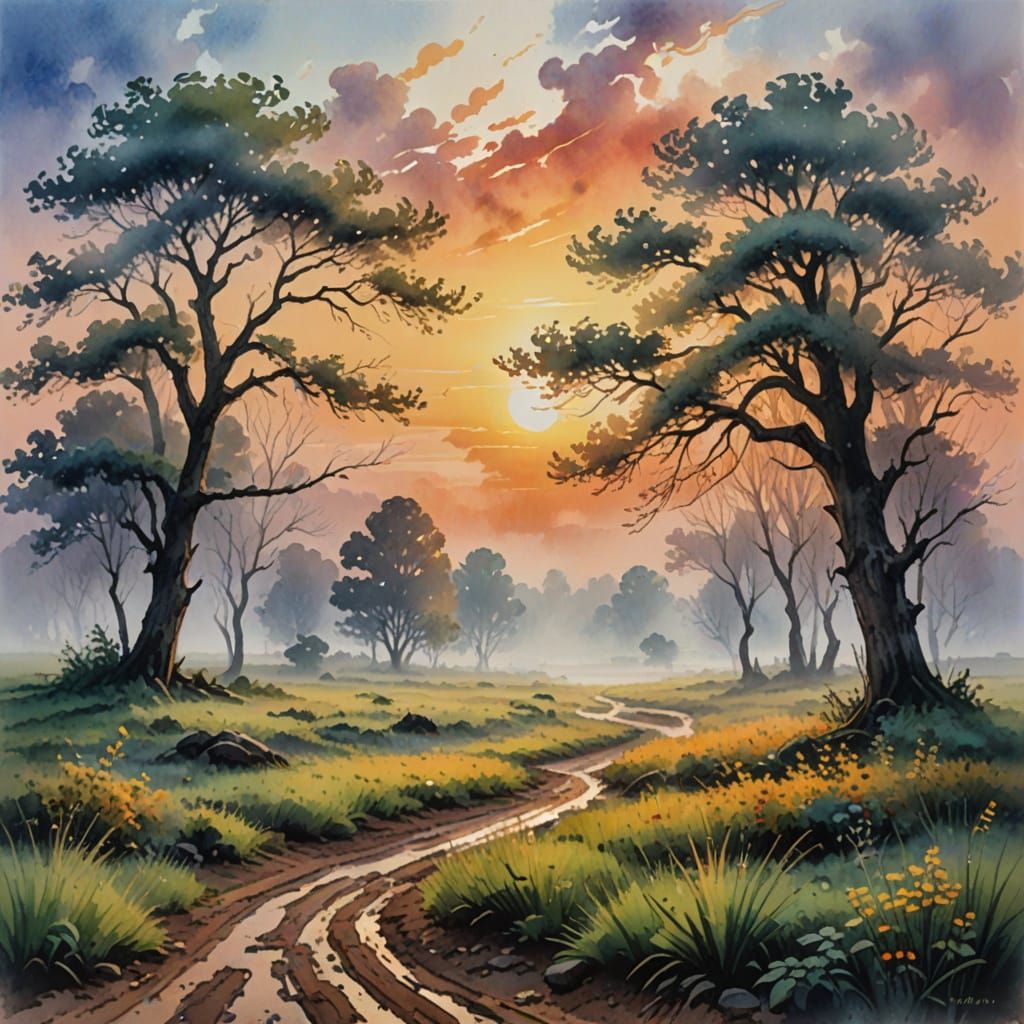 Atmospheric Whistful sunrise mist clings to the ground