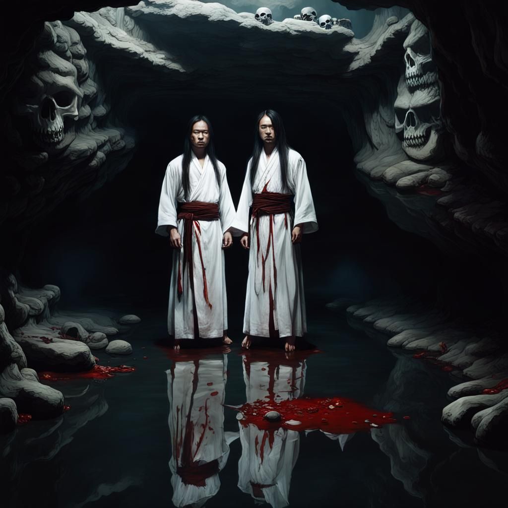 Sinister Brothers in Cave with Skulls