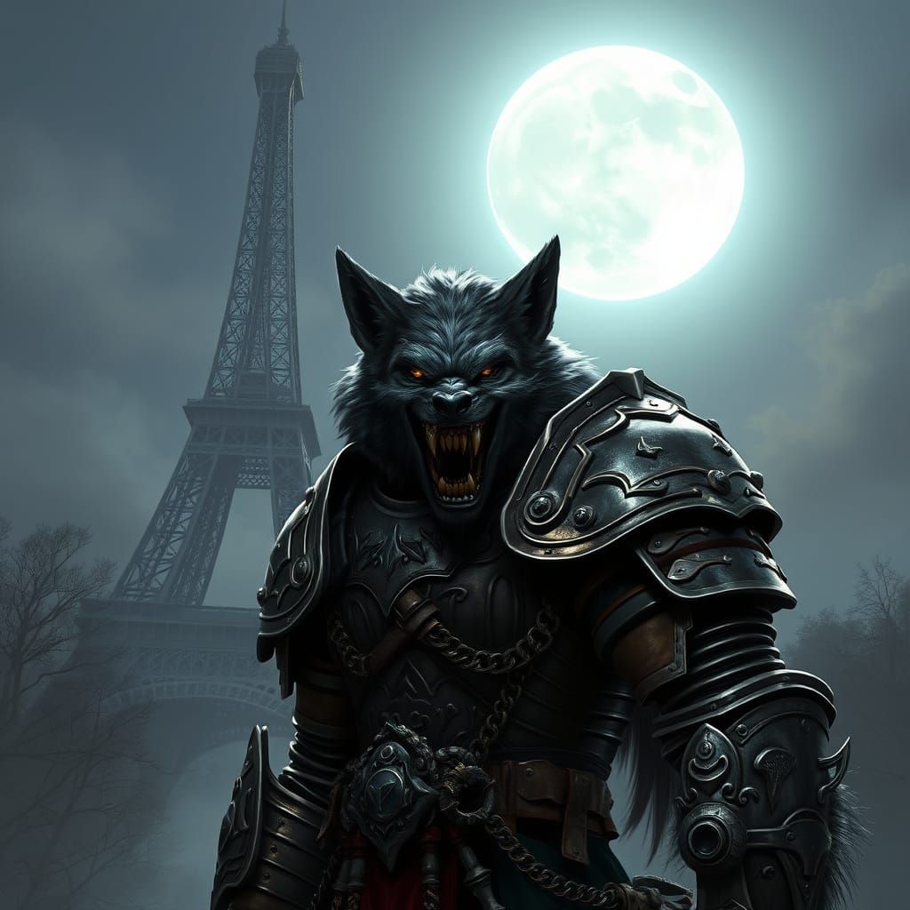 Werewolf in Lineage 2 Fantasy Armor Stands Before Eiffel Tow...