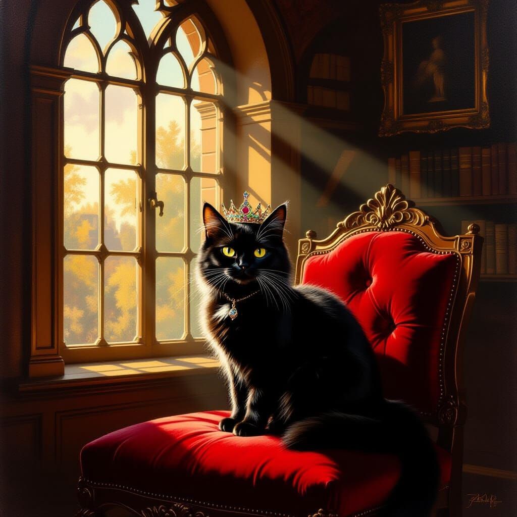Regal Black Cat in Crown on Velvet Cushion