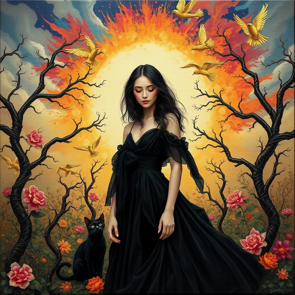 Ethereal Woman in Twisted Garden with Golden Birds