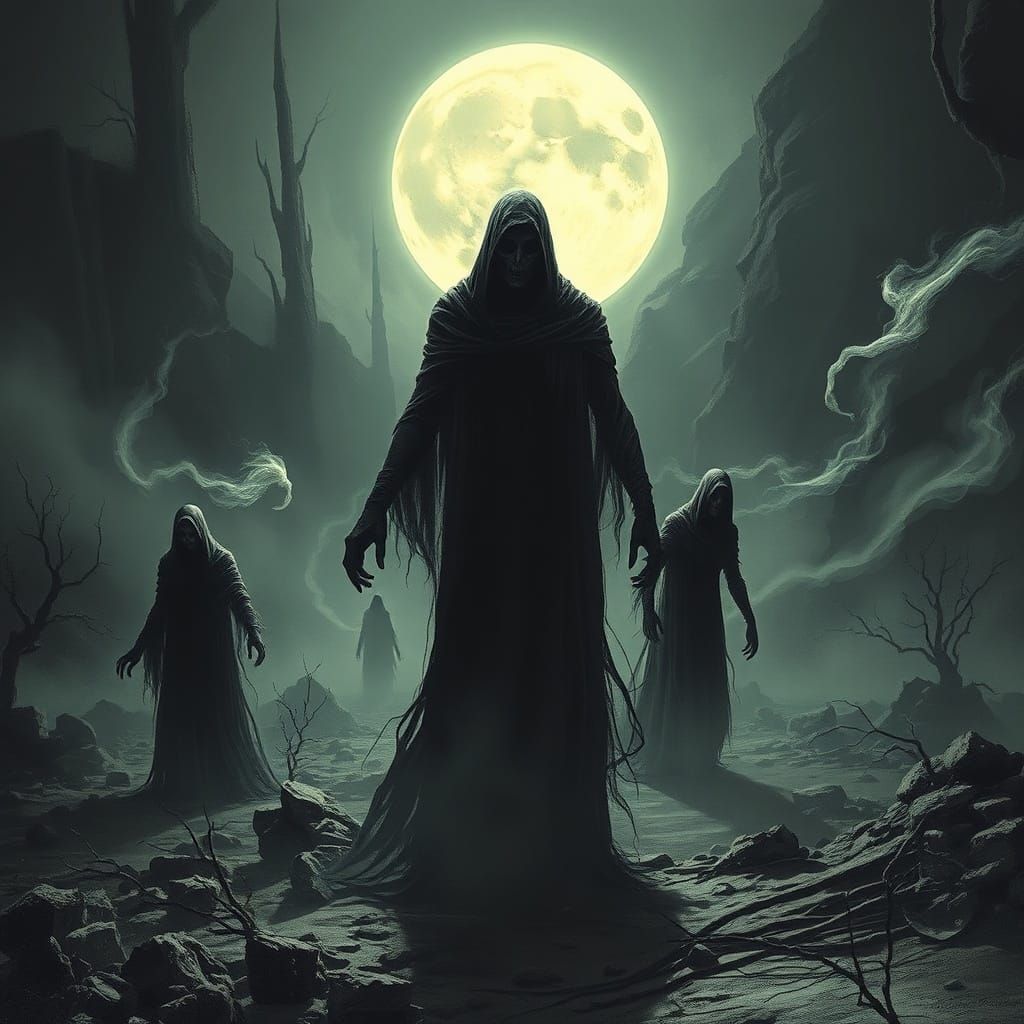 Terrifying Spectral Figures Haunting Moonlit Landscape