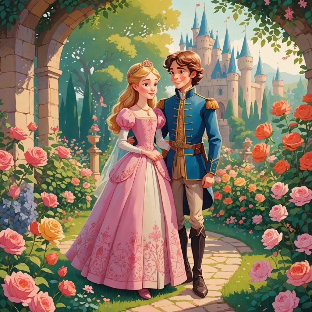 Cheerful Princess and Prince in Rose Garden