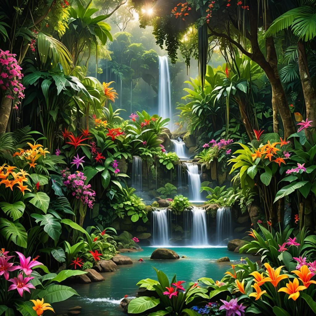 Lush Jungle Oasis with Waterfall and Sunlight