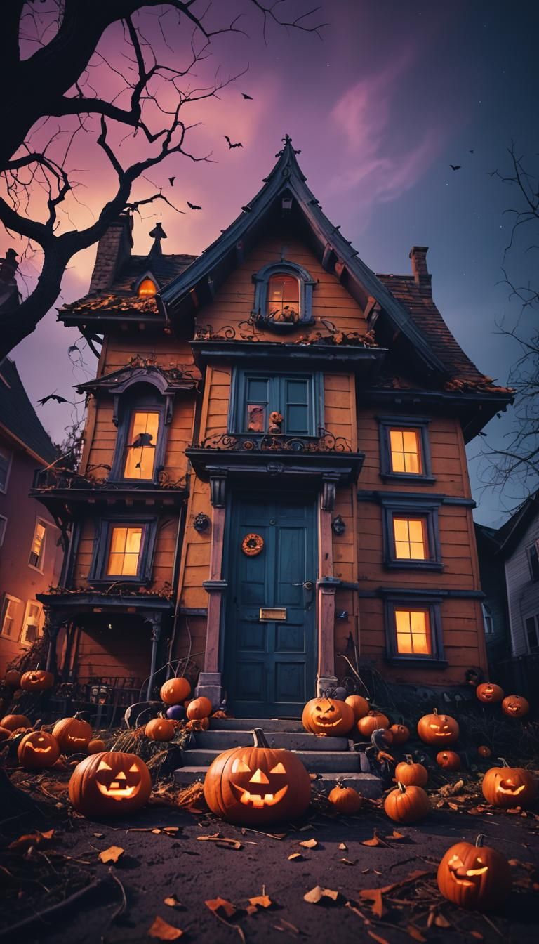 Halloween Pumpkin House with Bats: Cinematic Film Still