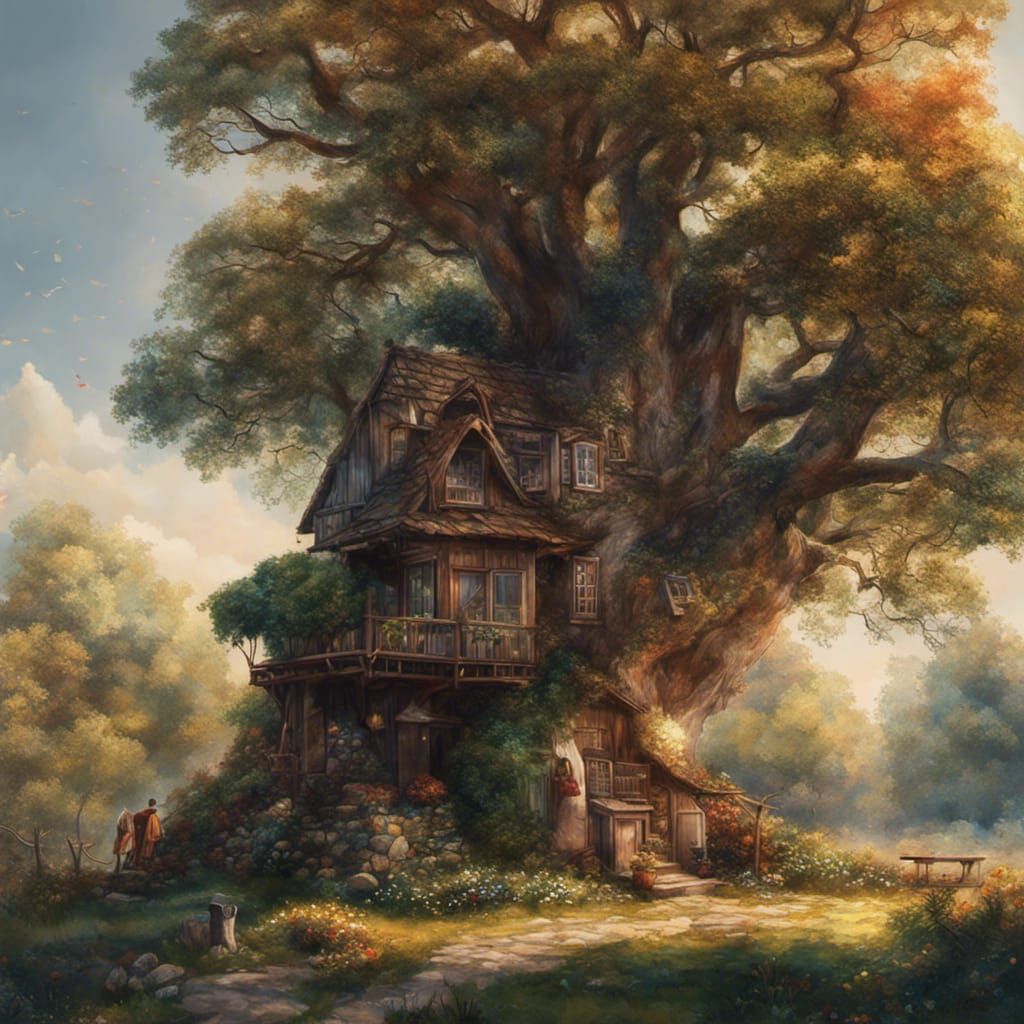Memory Tree Beside Cottage: Hyperrealistic Concept Art