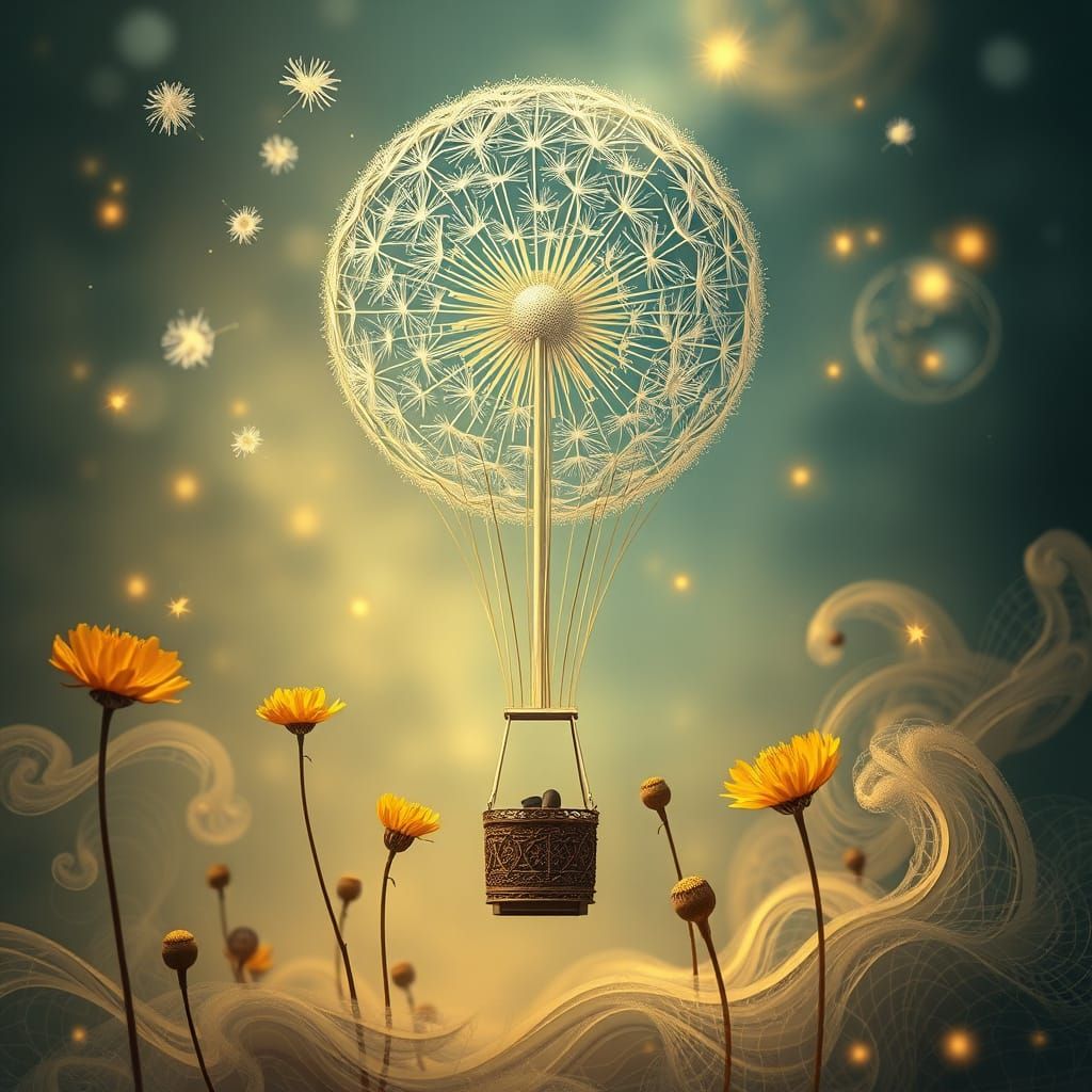 Ethereal Dandelion Hot Air Balloon in Bio-Art Style