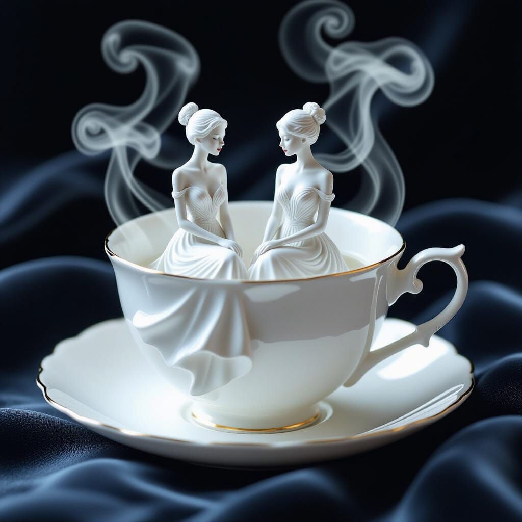 Ethereal Teacup Scene with Feminine Figures in 3D