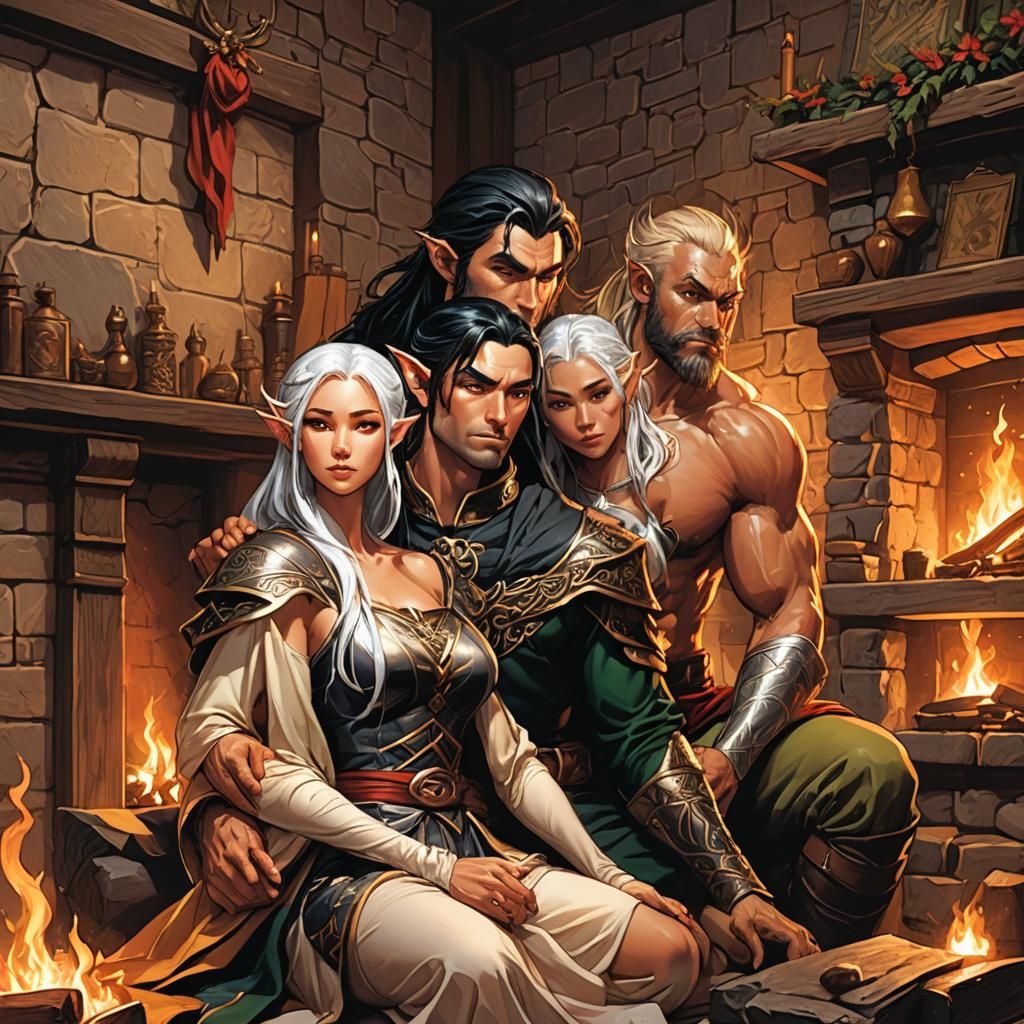 Elven Couple in Firelight, Comic Book Style