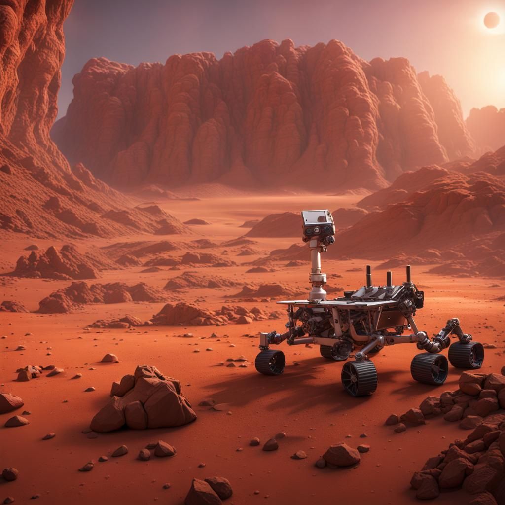 Martian Desert Canyon Sunset: Mars Rover on Site
