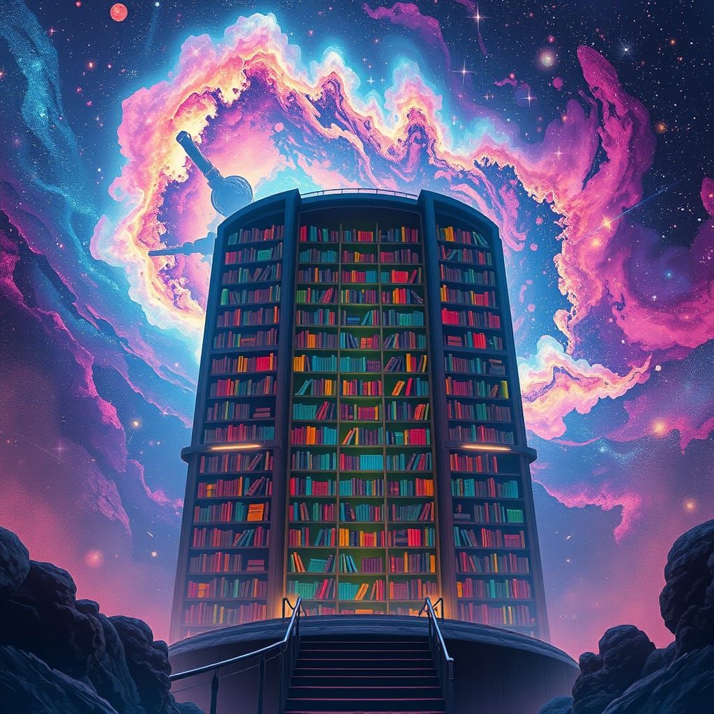 Futuristic Library in Vibrant Nebula: Digital Rendering