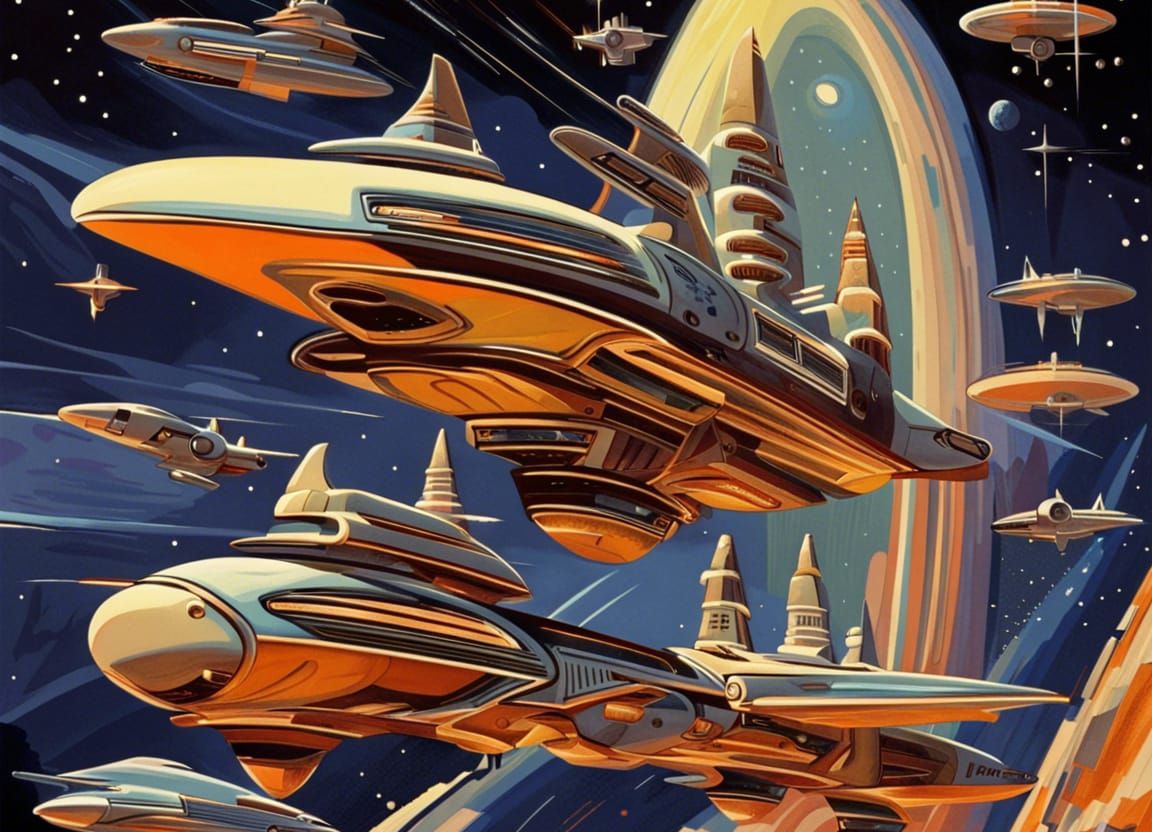 Cosmic Adventure with Retro Spaceships in Deco Style