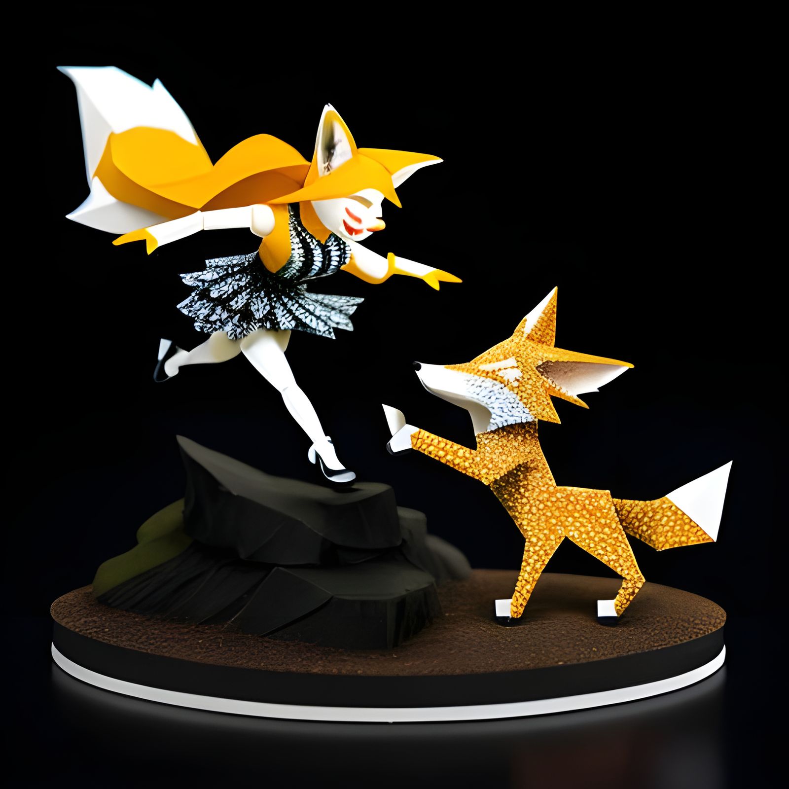 Origami Lady Dancing with Fox Naive Art