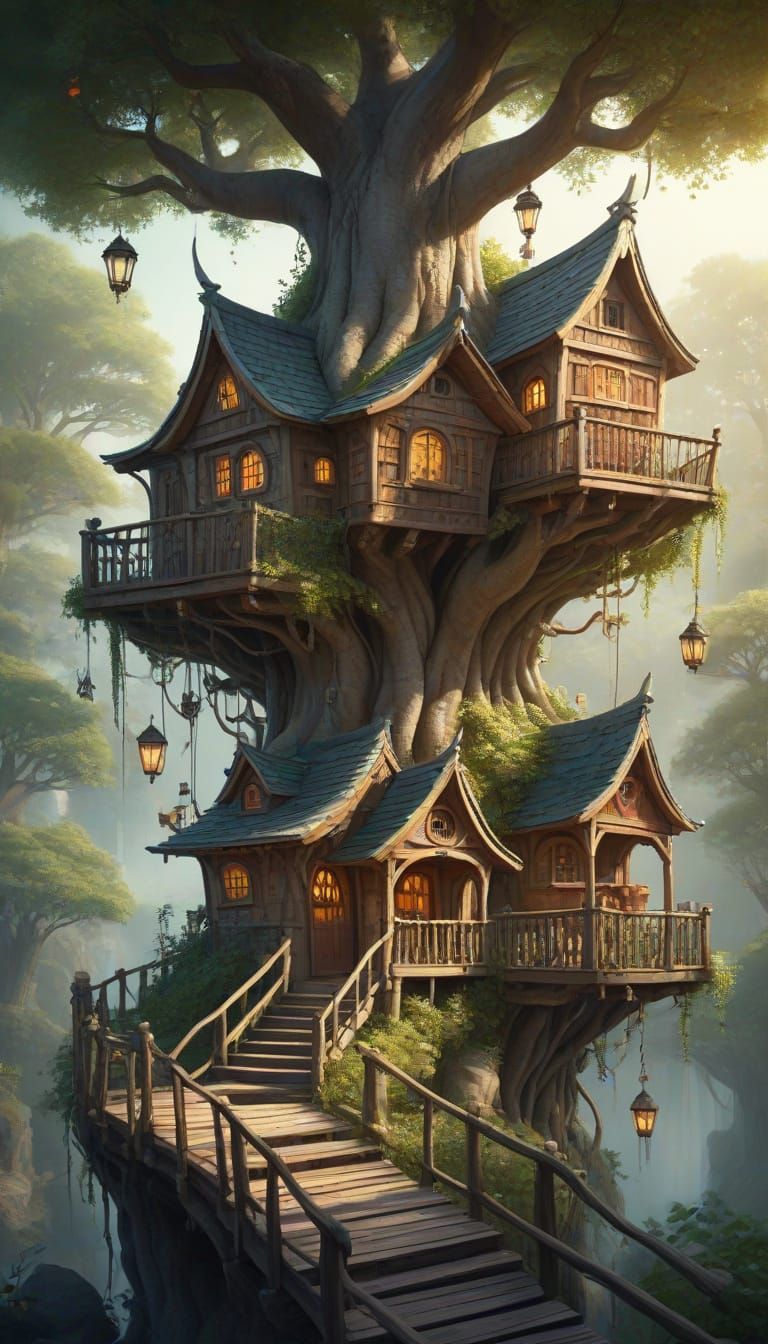 Whimsical Treehouse Village in Dreamy Watercolor Style