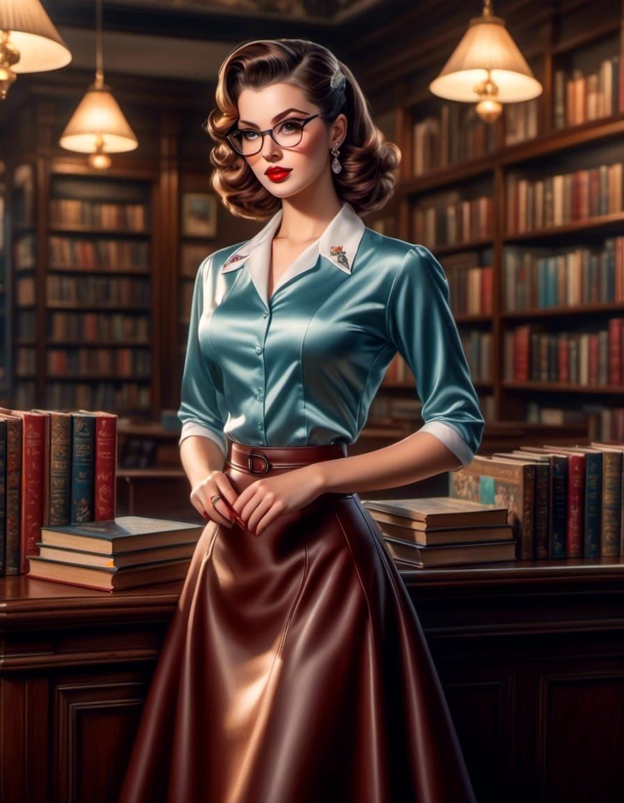 1950s Woman in Bookstore: Photorealistic Concept Art