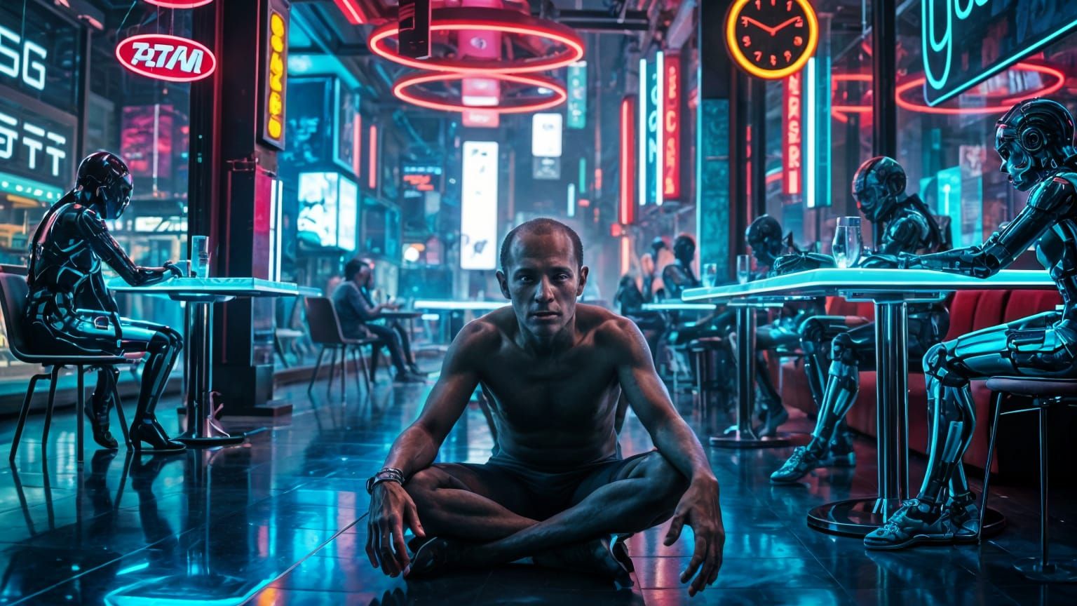 A Futuristic AI Café in Neon Lit Cyberpunk Cityscape