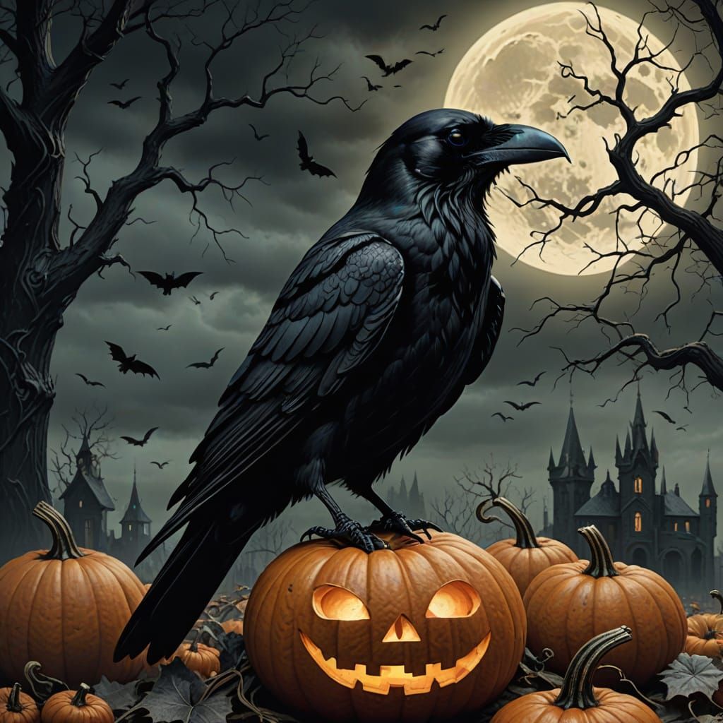 Upon a pumpkin dark and grim, the raven perched with hollow ...