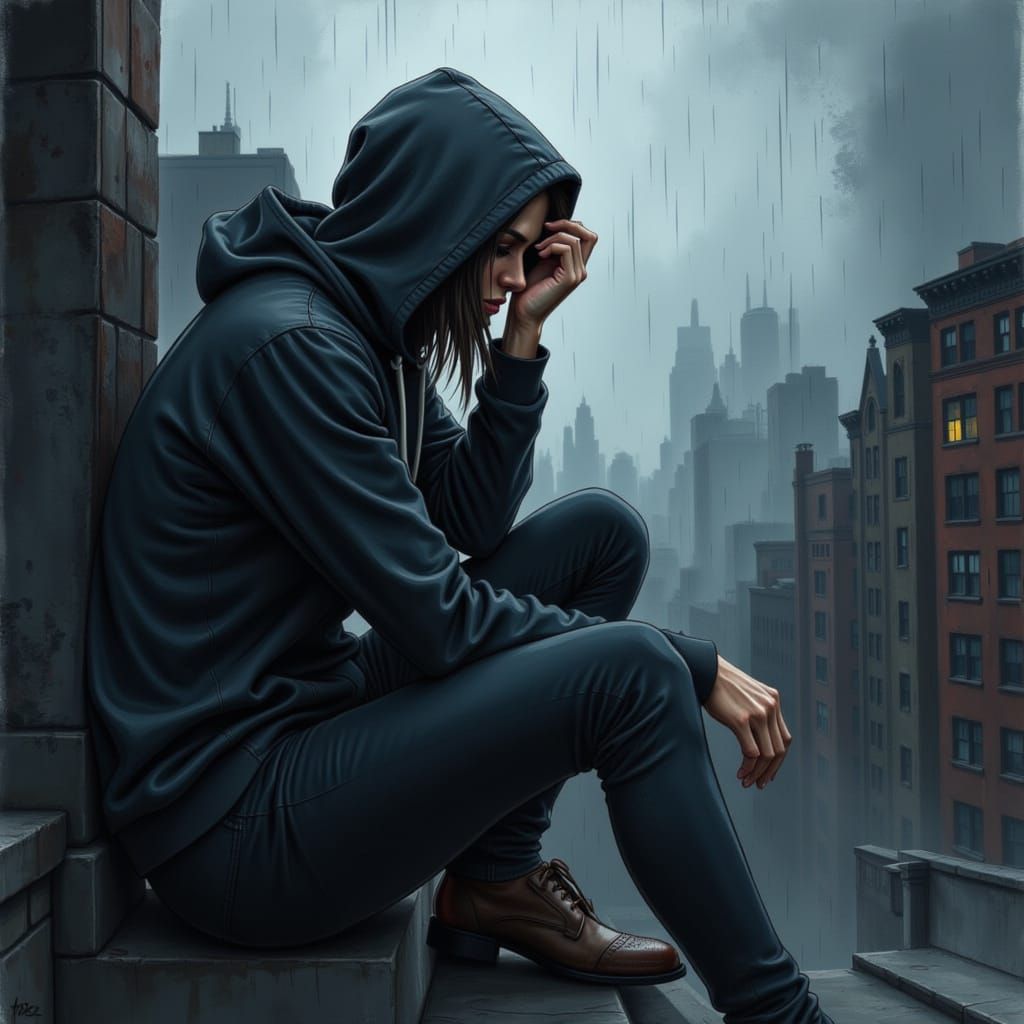 Woman in Hoodie Crying During Rainstorm