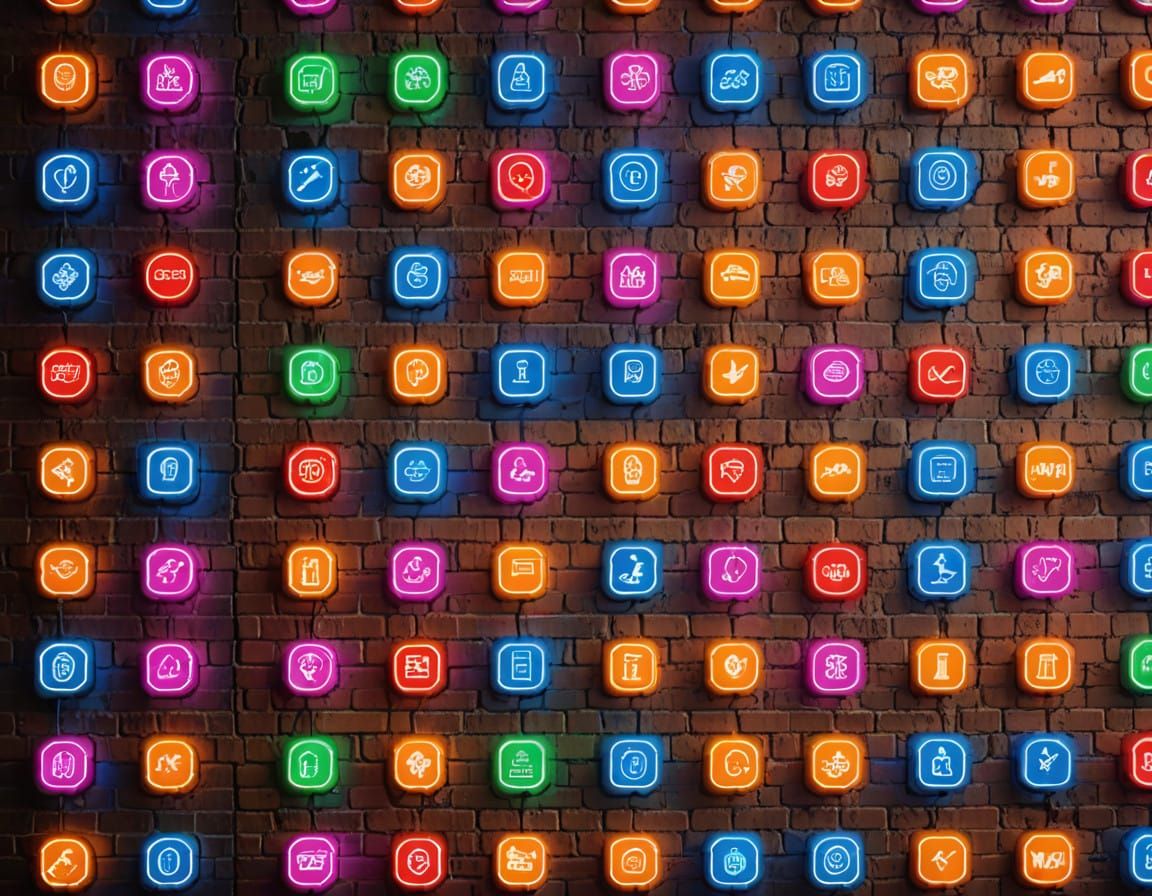 Neon Icons on Brick Wall