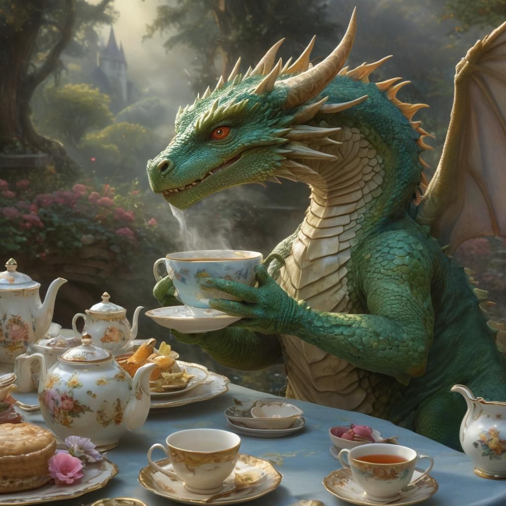 A very gentile and well mannered Dragon holding a tea party ...