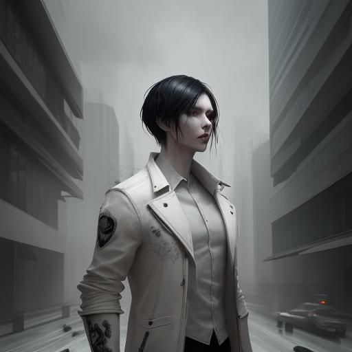 Man in White Jacket Surrounded by Wolves: Hyperrealistic Dig...