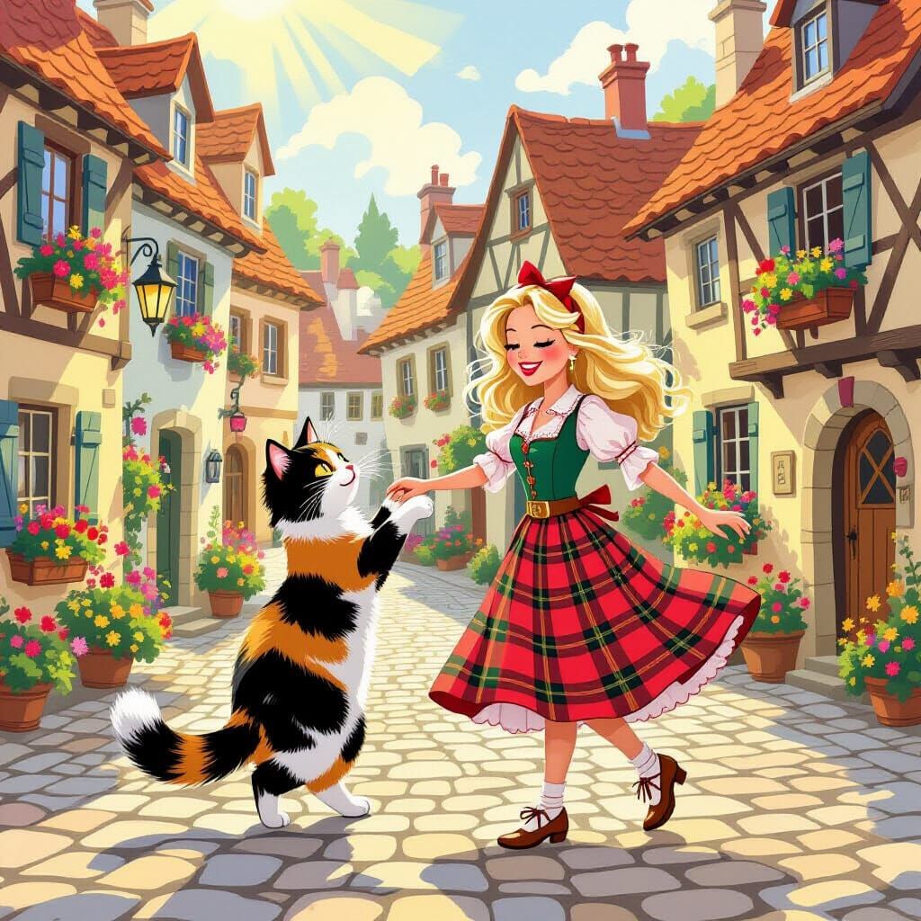 Woman and Cat Dancing in Sunlit Village Square