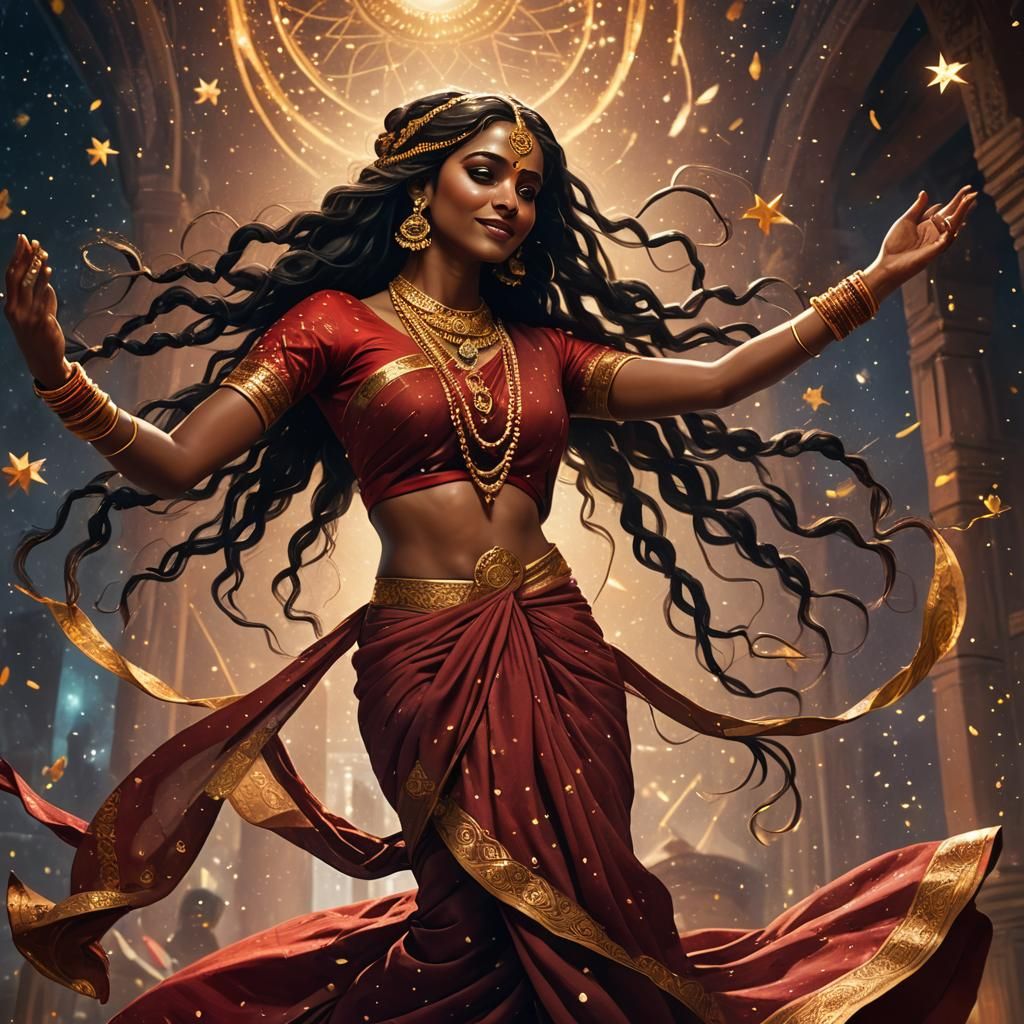Dancing Hindu Woman in Red Sari, Fantasy Art