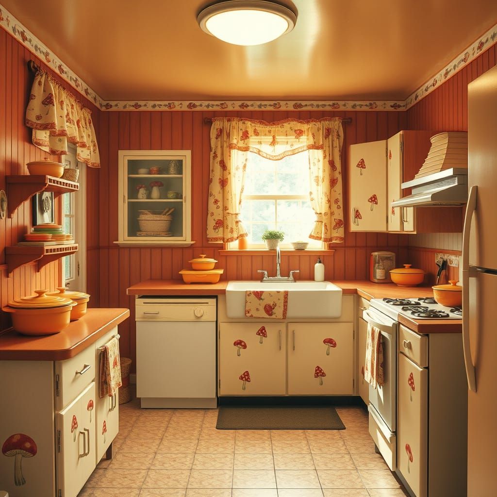 Cozy Midcentury Kitchen with Whimsical Mushroom Motif
