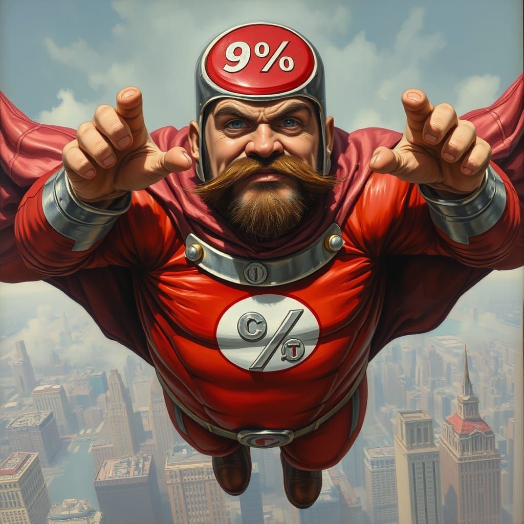 Supervillain Flies Over City: Oil Painting