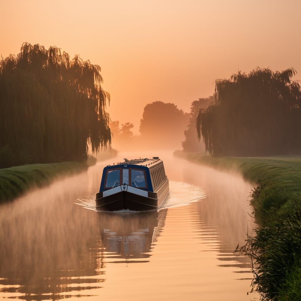 Misty Sunrise Narrowboat on English Canal