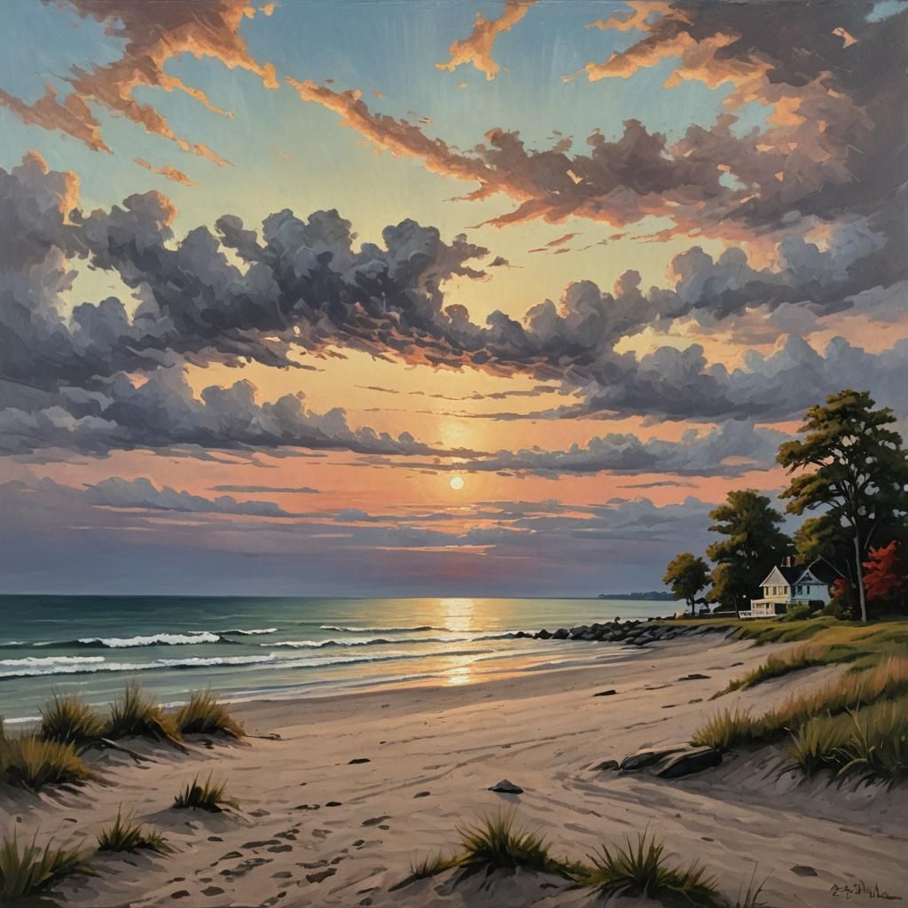 Vintage Oil Painting: Lake Erie Sunset
