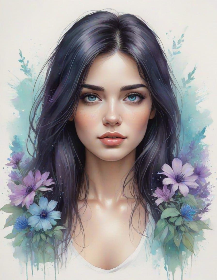 Pretty Woman in Misty Moonlight with Spring Flowers