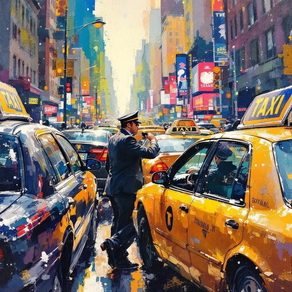 Taxi Argument in NYC: Impressionist Gouache Painting