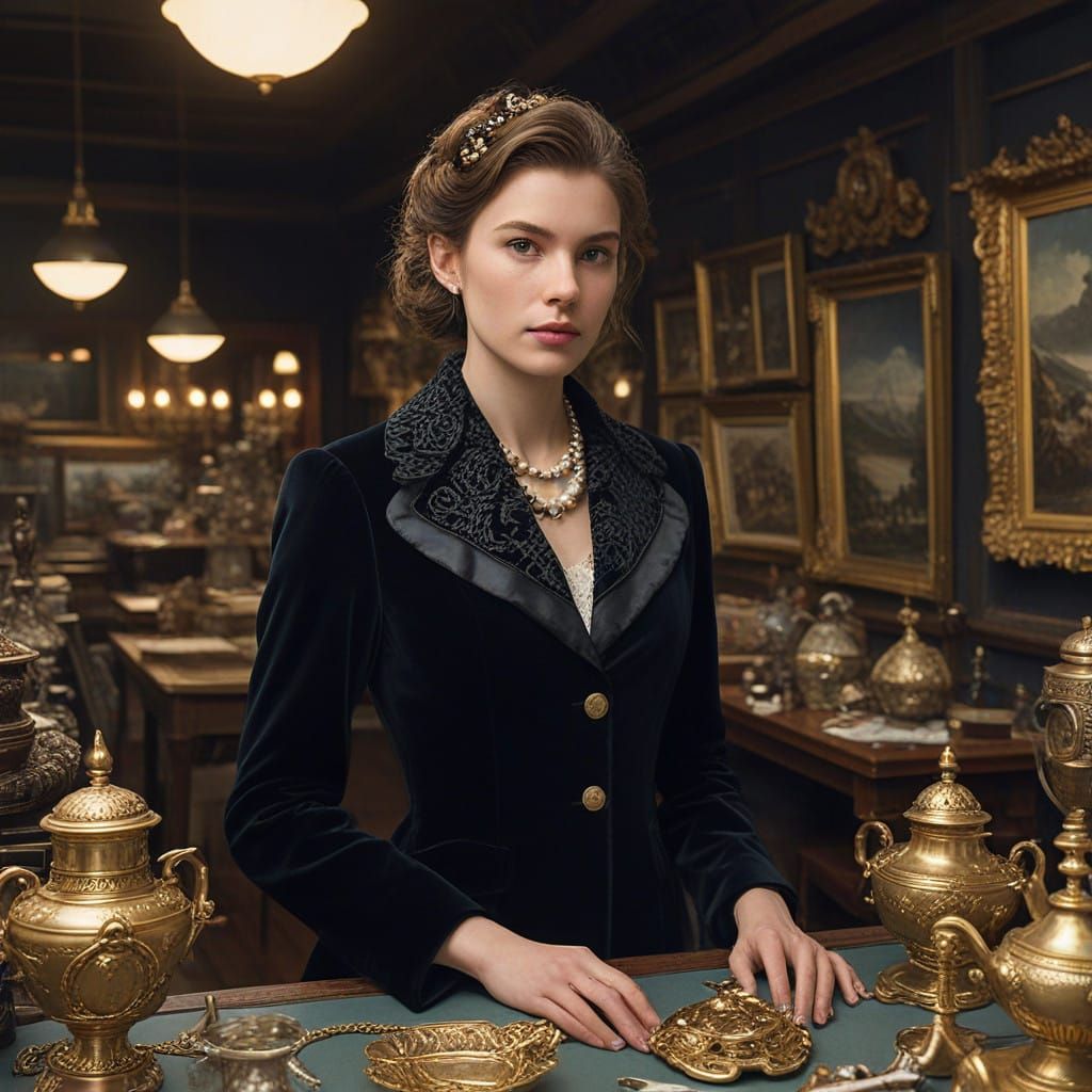 Elegant Woman Presents Antique Vase in Luxurious Antiques Ex...