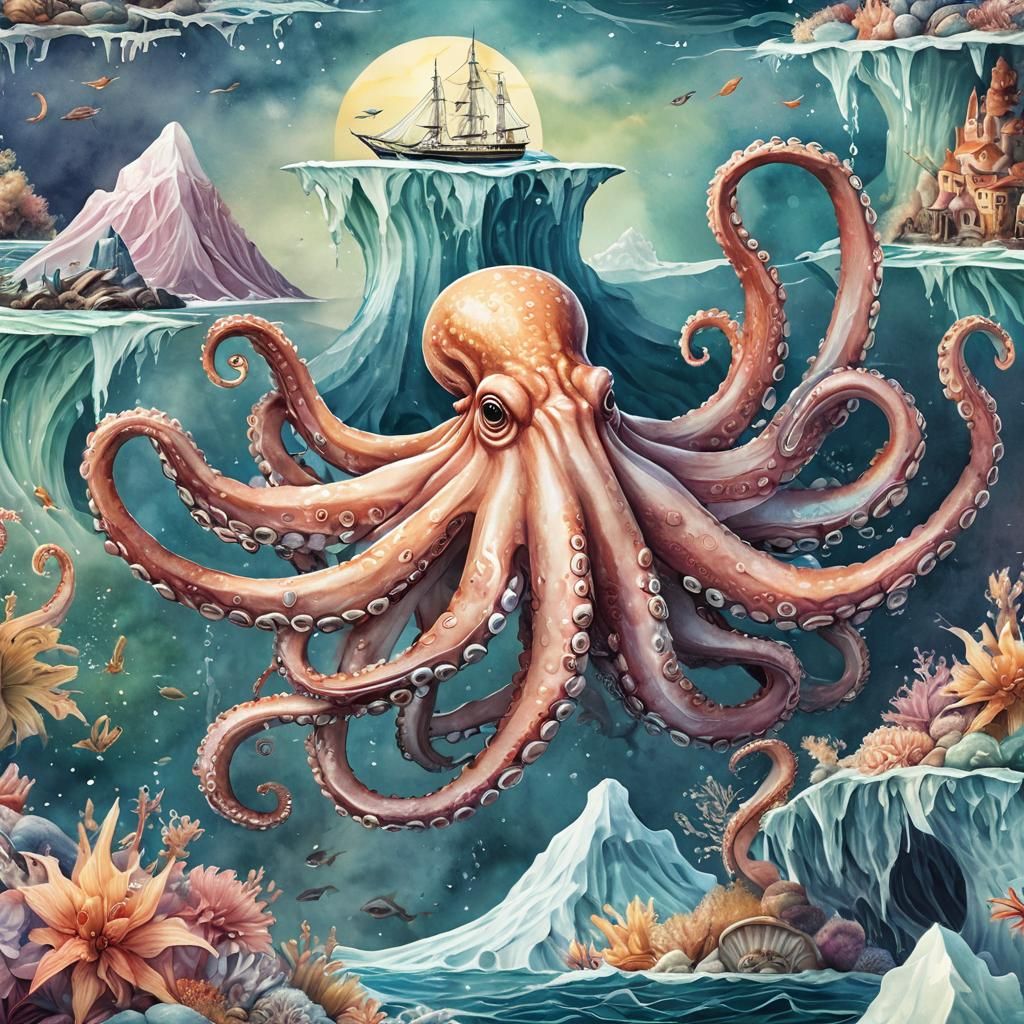 Octopus Sailor Pulls Iceberg: Whimsical Watercolor Art