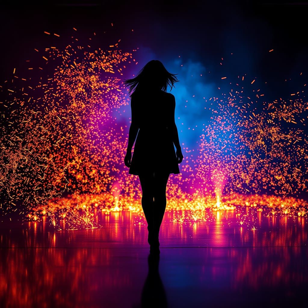 Silhouette of a Woman Walking Through a Swirling Storm of Gl...