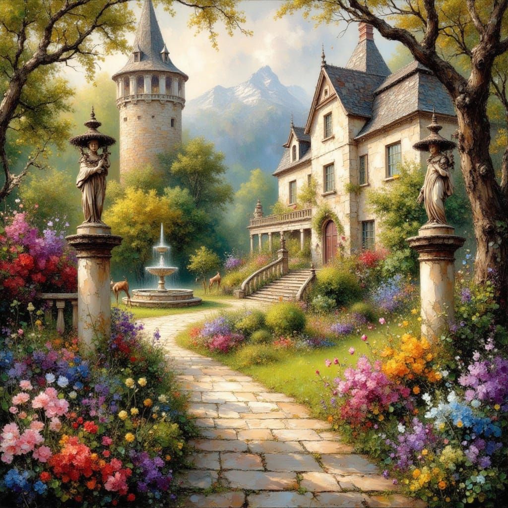 French Chateau in Springtime as Alcohol Ink Art