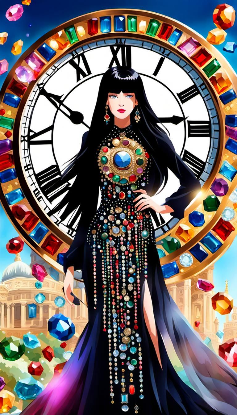 Giant Jeweled Clock with Woman in Chiffon Dress