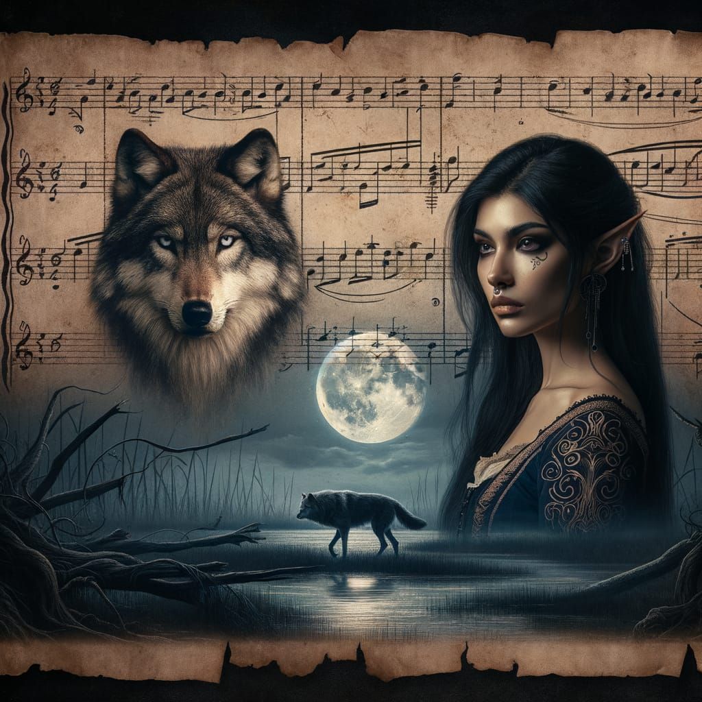 Viking Wolf on Parchment with Elf in Nocturnal Swamp
