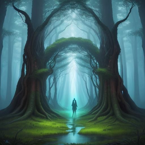 Girl Enters Shimmering Portal in Surreal Forest