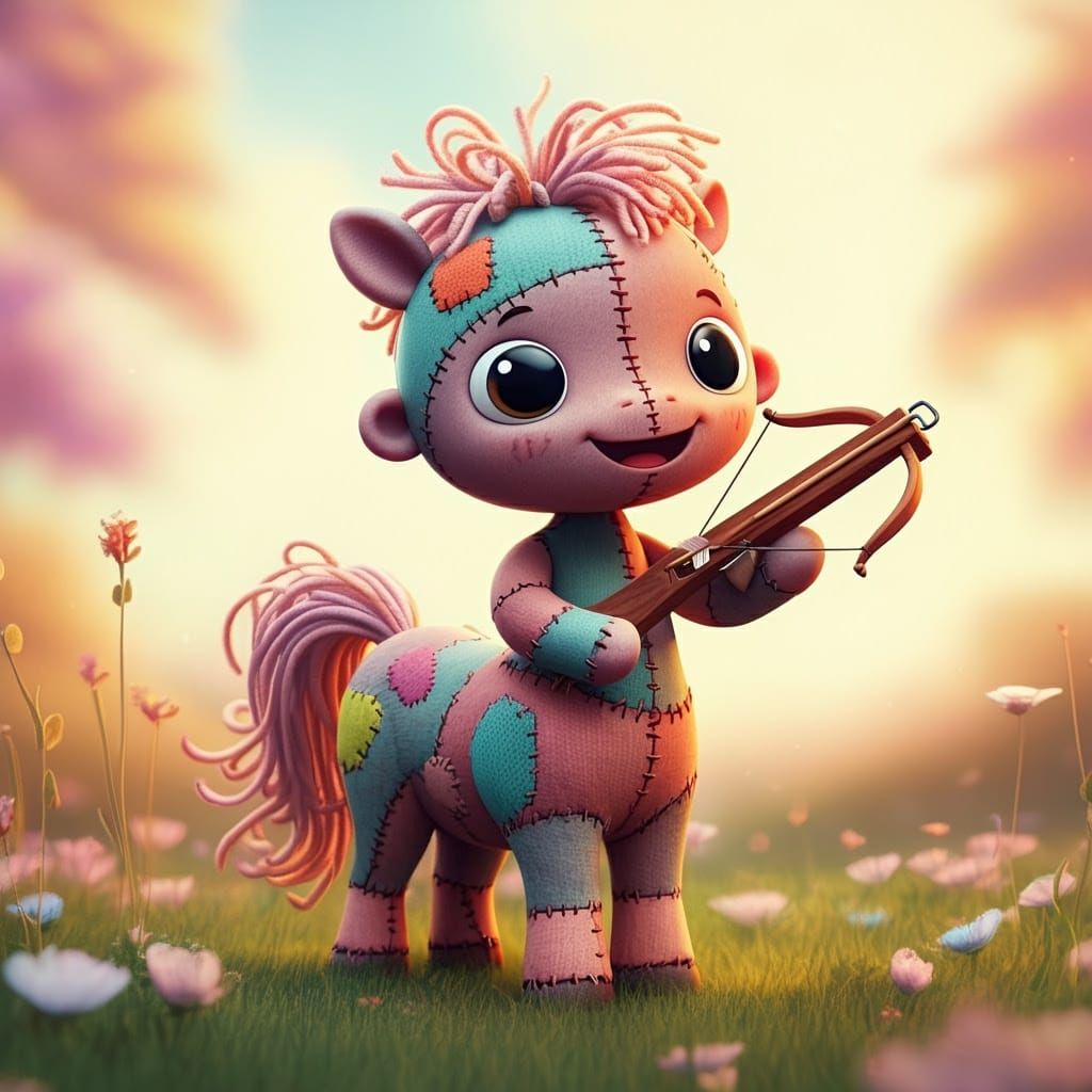 Whimsical Patchwork Centaur in Fantastical Fabric Landscape