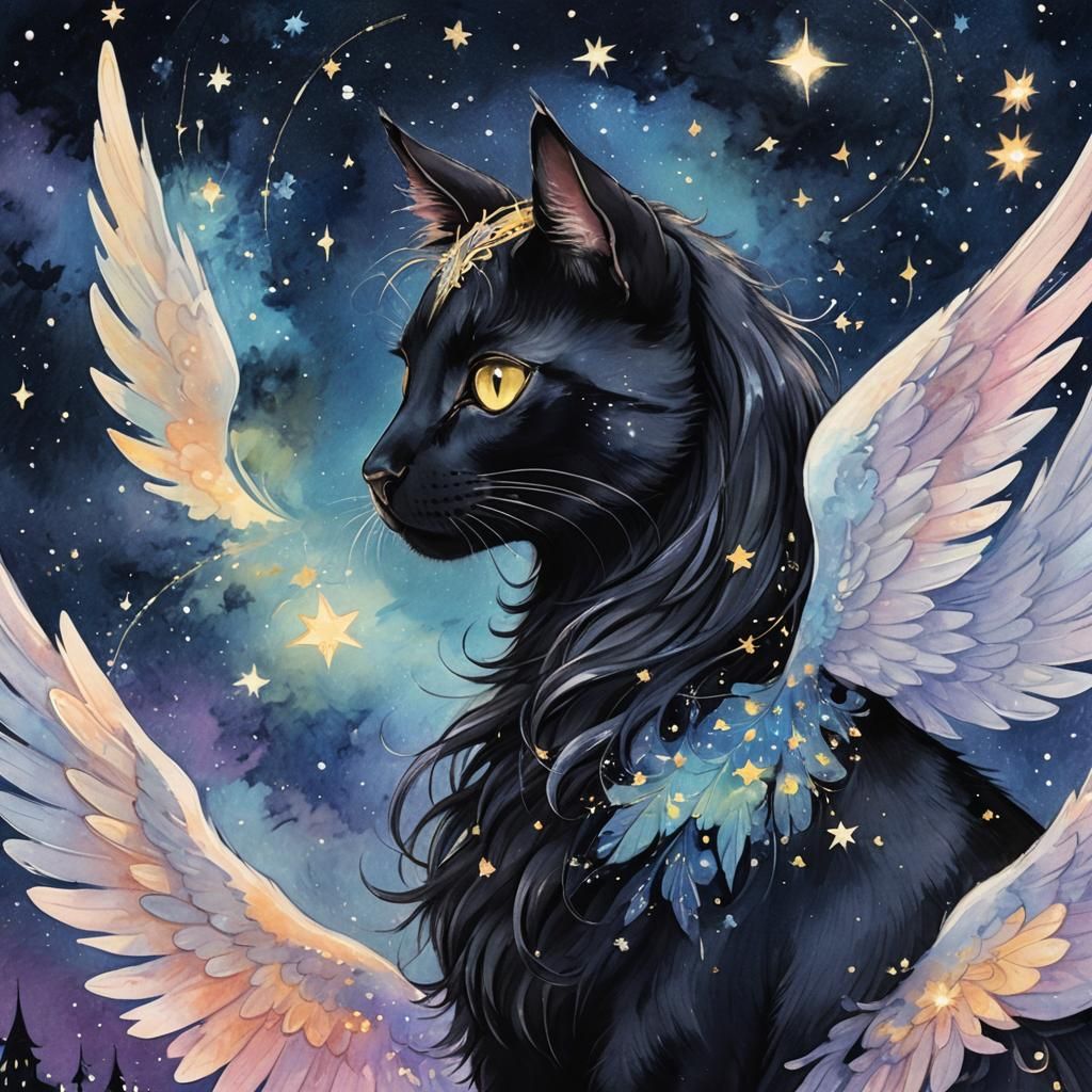 Magical Anime Cat and Angel Under Starry Night