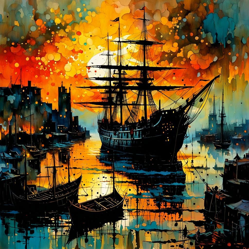 Ancient Ship Docked at Sunset: Stylized Watercolor
