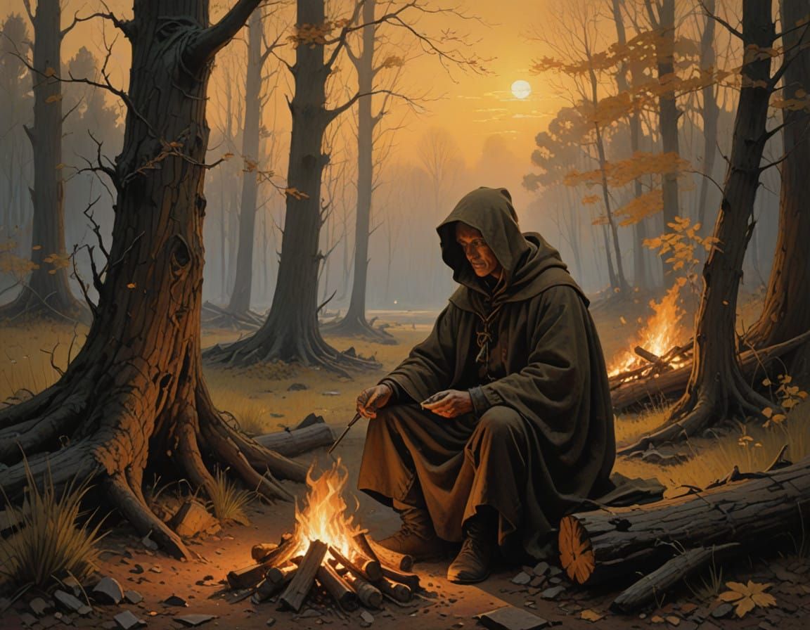 Serenely Contemplative Figure Beside a Crackling Campfire