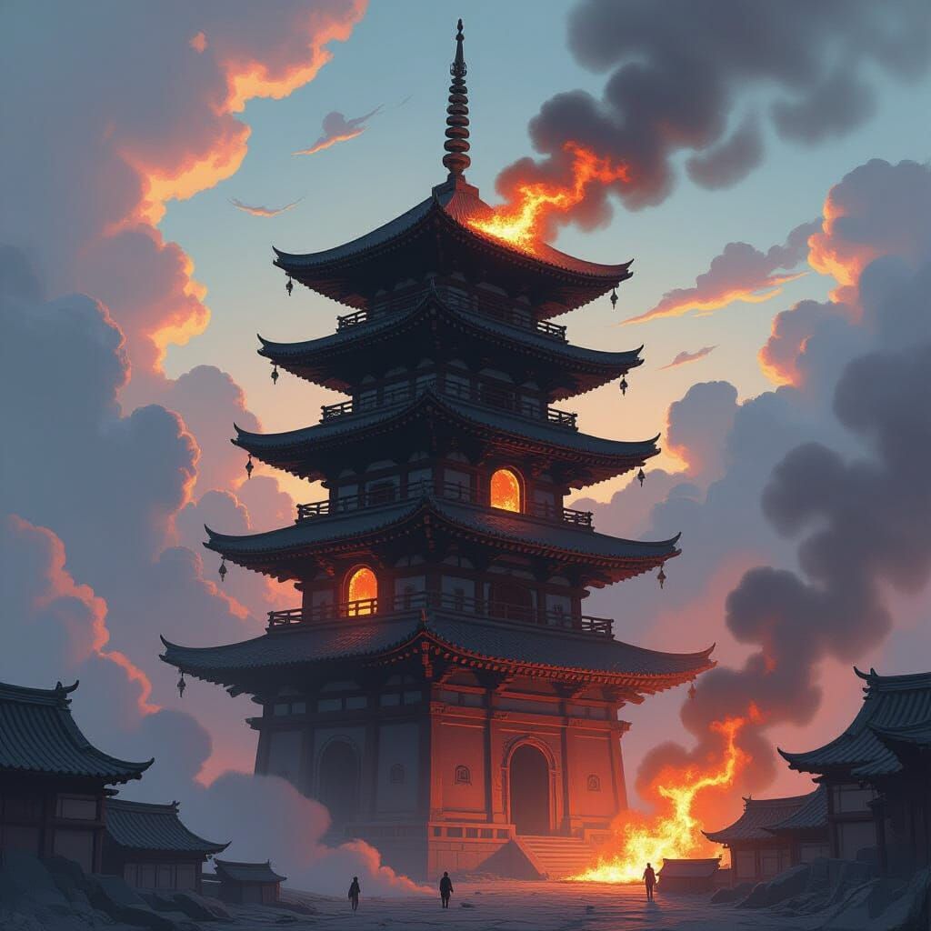 Ancient Fiery Pagoda Pierces Stormy Sky
