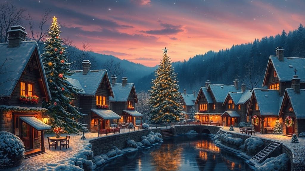 Snowy Village Aglow with Christmas Lights