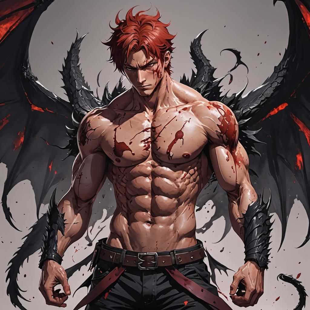 Crimson Haired Anime Character with Dragon Wings