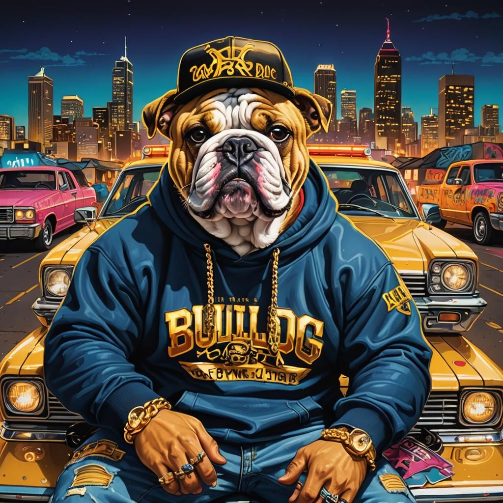 Hip-Hop Bulldog on Lowrider in Basquiat Style